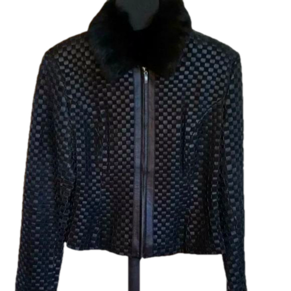 MARVIN RICHARDS weave/rabbit fur collar leather jacket SM NWT